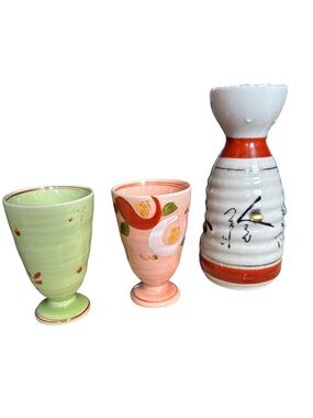 Vintage Ceramic Sake Set with Hand-Painted Cups